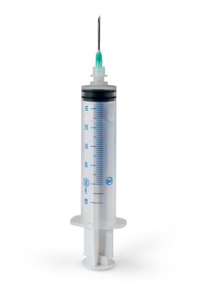 Transparent luer lock syringes with needles