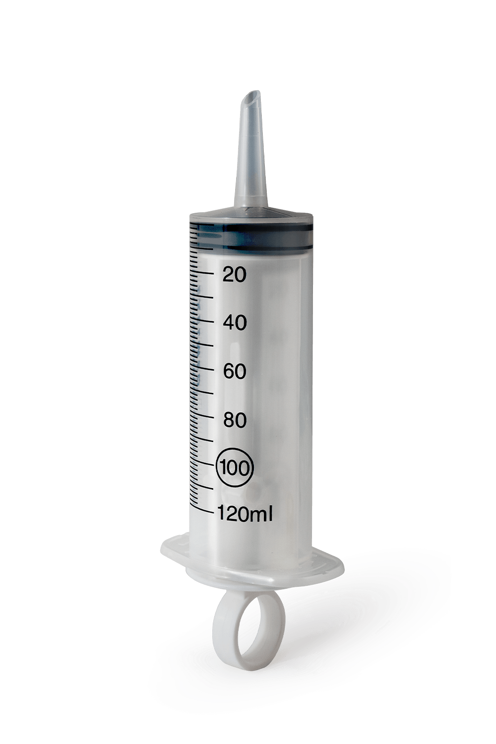 Transparent syringe with eccentric Luer cone.